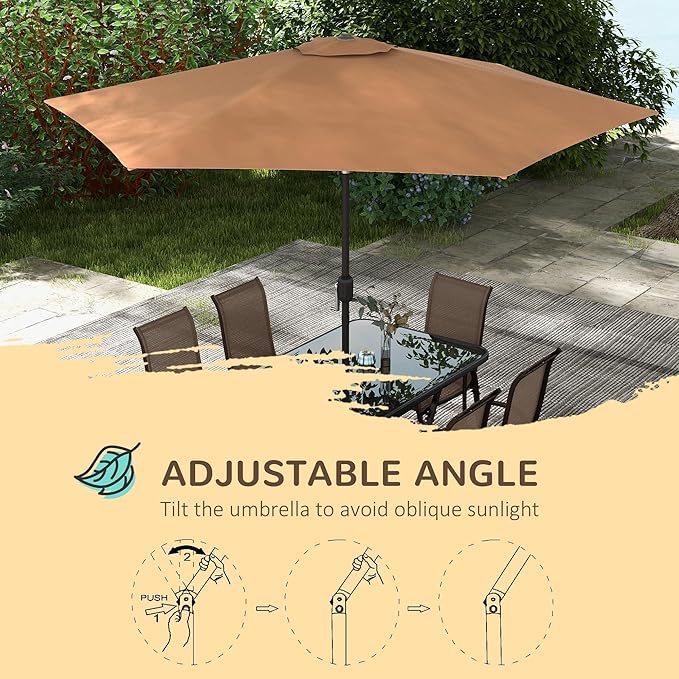 Outsunny 8 Pieces Patio Table and Chairs Set with 9 Ft Patio Umbrella, Outdoor Dining Set with 4.6 Ft Dining Table and 6 Chairs, Push Button Tilt and Crank Parasol, Tempered Glass Top, Mixed Brown