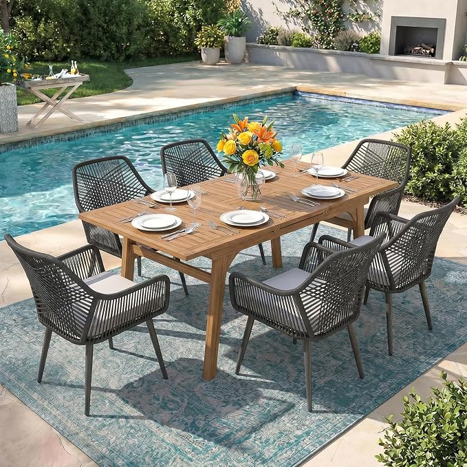 Patiorama 7-Piece Dining Set, Outdoor Dining Table Chair Set, Patio Wicker Dining Table Chair Set with 55"-71" Acacia Wood Expandable Table & Twisted Rattan Chairs for Yard Garden(Black & Cross Back)