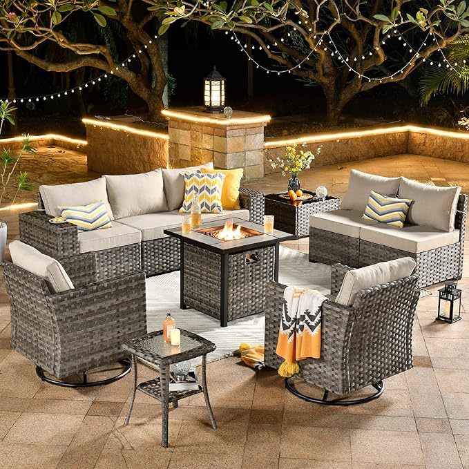 HOOOWOOO Outdoor Patio Sectional Furniture Sofa Set with Fire Pit Table,10 Piece Modern Wicker Couch with Swivel Chairs,Modular Conversation Seating Set with Widened Armrest for Garden(Beige Tan)