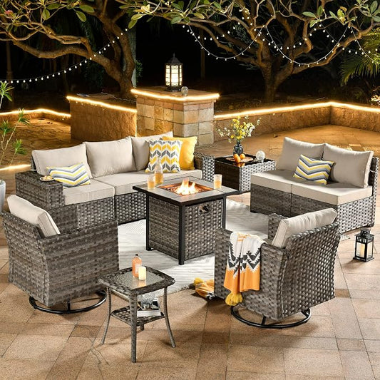HOOOWOOO Outdoor Patio Sectional Furniture Sofa Set with Fire Pit Table,10 Piece Modern Wicker Couch with Swivel Chairs,Modular Conversation Seating Set with Widened Armrest for Garden(Beige Tan)