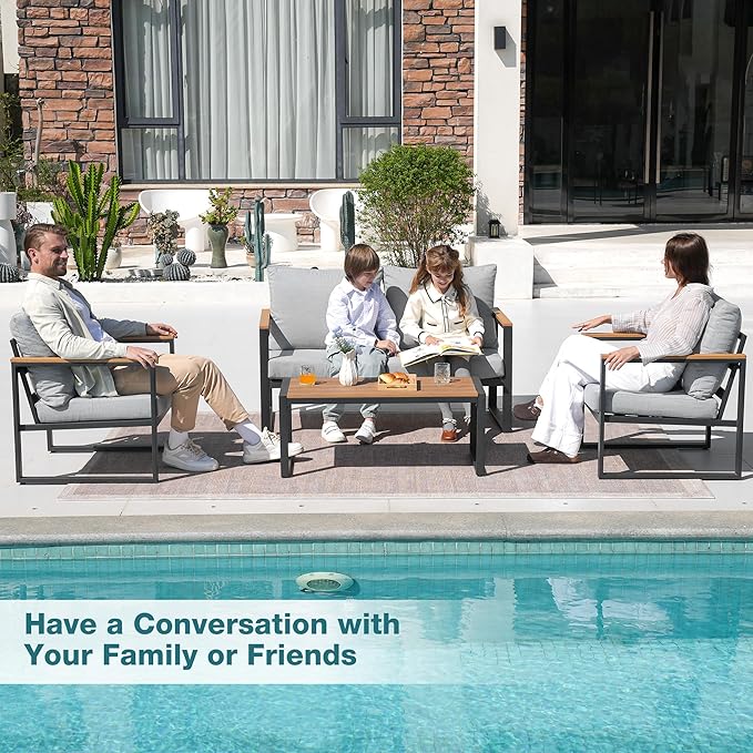 Patio Furniture Set, 4 Pieces Outdoor Patio Furniture with Coffee Table Set, Metal Patio Conversation Sets with Washable and High-Resiliency Sponge Cushions, Upgarded Light Grey