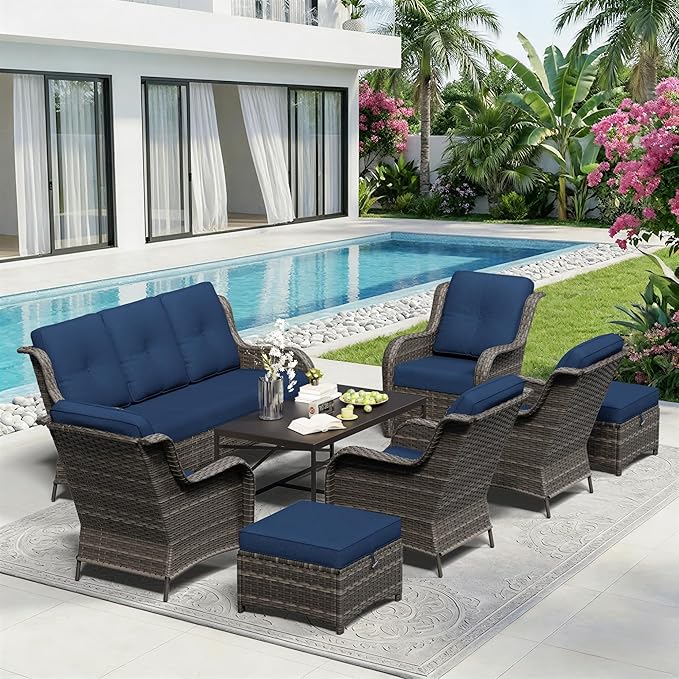 8 Piece Outdoor Wicker Patio Furniture Set, Patio Chairs Set with Thickened Olefin Cushions, High Back and Deep Seating, Hand-Woven PE Rattan, Ottoman for Porch, Deck