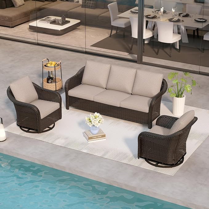 3-Piece Patio Conversation Set, 78 inch Wicker 2-Seater Sofa with Washable Cushions, 360° Swivel Glider Rocker Chairs, All Weather Rattan Outdoor Furniture for Backyard Garden Lawn, Beige