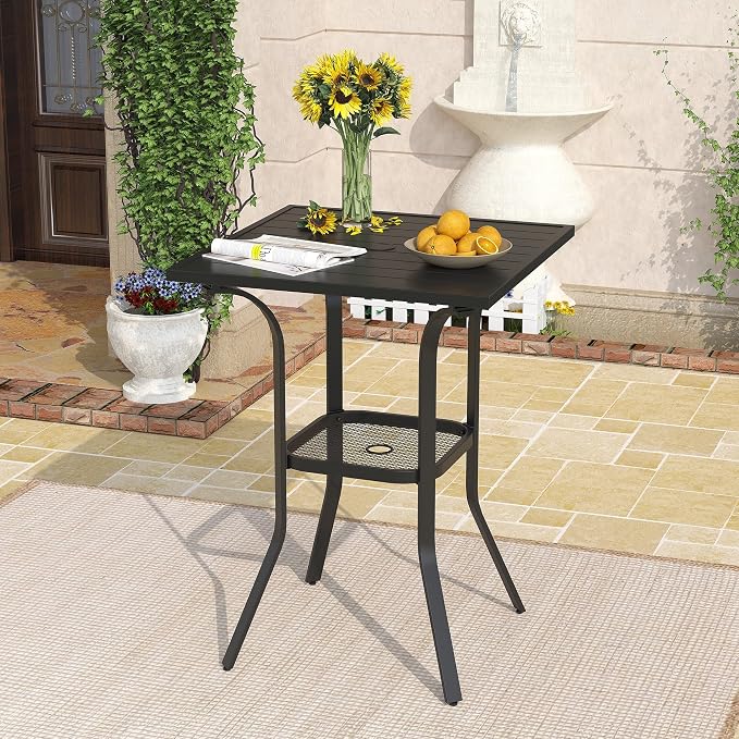DIFY Patio Bar Height Table, 28" Square Outdoor Pub Table with 1.57" Umbrella Hole for Bistro, Garden, Poolside and Balcony, Black