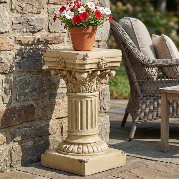 Merax 16.73" H Corinthian Pedestal Plant Stand, MGO Decorative Pedestal Side Table for Indoor Outdoor Entryway Garden Home, Antique Yellow, No Assembly Needed