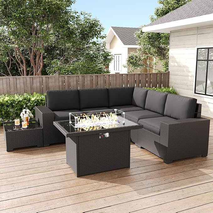 LayinSun 7 Pieces Patio Furniture Set with Fire Pit Table, Black Rattan Modular Sectional Patio Conversation Sofa Set