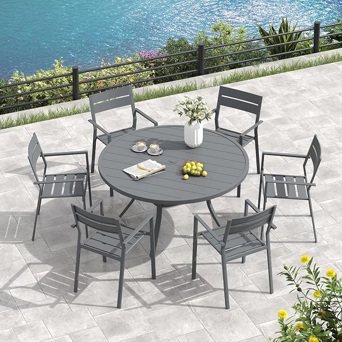 VICLLAX 47.2" Round Patio Table, Outdoor Dining Table for 6 with Umbrella Hole for Garden Lawn Deck Backyard, Dark Grey