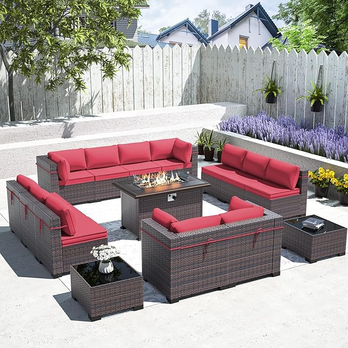 Outdoor Patio Furniture Set with Gas Fire Pit Table, 15 Pieces Outdoor Furniture Set Patio Sectional Sofa w/43in Propane Fire Pit, PE Wicker Rattan Patio Conversation Sets - Red.
