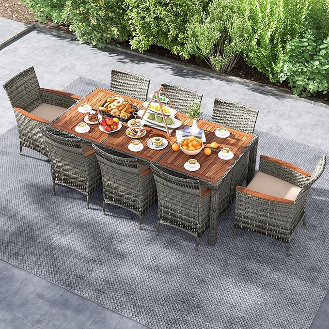 Tangkula 9 Pieces Outdoor Wicker Dining Set, Patio Dining Furniture Set with Acacia Wood Table and 8 Armchairs, Outdoor Table and Chairs Set with 1.96” Umbrella Hole and Cushions