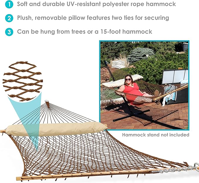 Sunnydaze Double Polyester Rope Hammock with Pillow - 400-Pound Weight Capacity - Brown