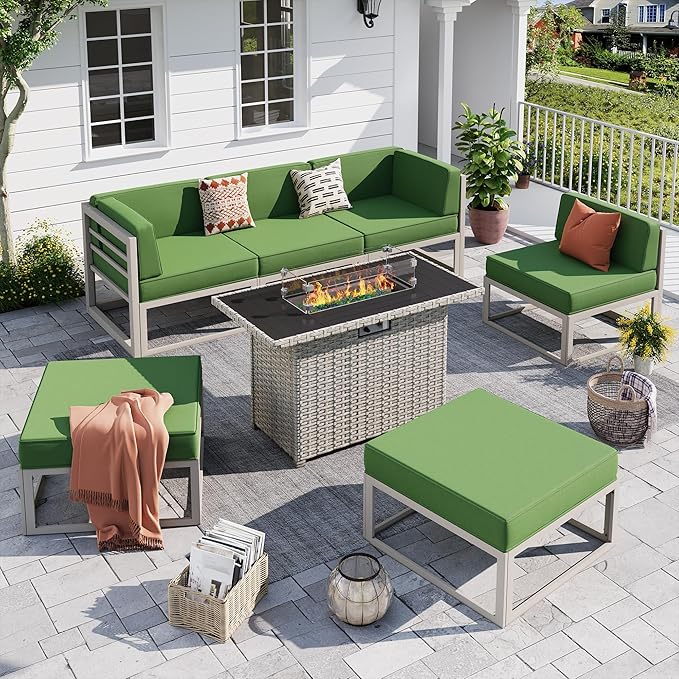 UDPATIO Aluminum Patio Furniture Set with Fire Pit Table, Modular Oversized Outdoor Sectional of Olefin 5 inch Cushion, Coffee Table and Waterproof Cover, Patio Conversation Sets for Porch, Deck
