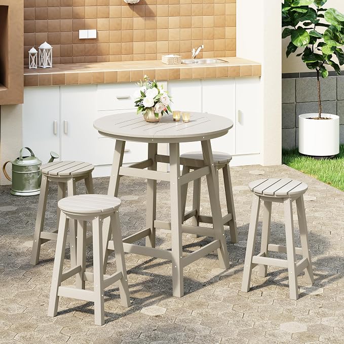 Costaelm Patio Bistro Table, 37" Counter Height Round Patio Cocktail Bar Table with Umbrella Hole, Outdoor Bistro Dining Pub Table for Front Porch Deck Backyard Garden, Sand