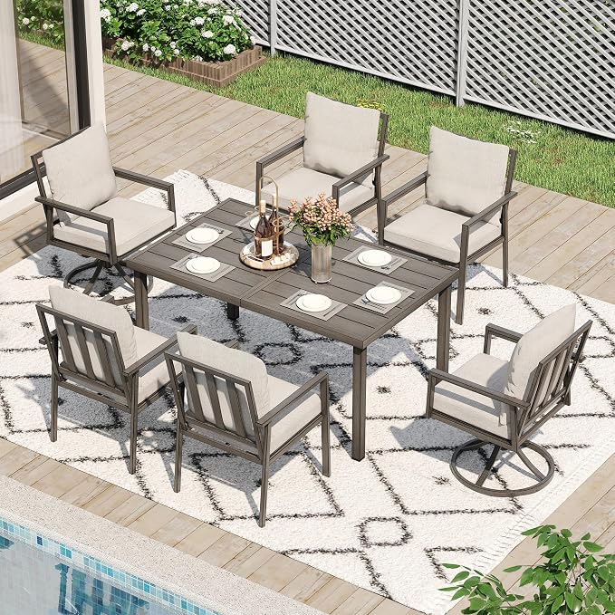 HAPPATIO Patio Dining Set for 6, 7-Piece Outdoor Aluminum Dining Set, 2 Cushioned Swivel Chairs, 4 Dining Chairs and Table for Deck Yard Poolside, Rust-Proof, Weather-Resistant, Easy Assembly