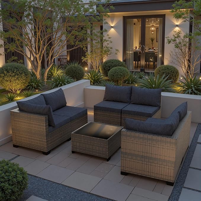 7 Piece Patio Furniture Set, All-Weather Water-Resistant Wicker Rattan Sectional Sofa, Modular Outdoor Conversation Set for Backyard, Garden, Poolside, Balcony
