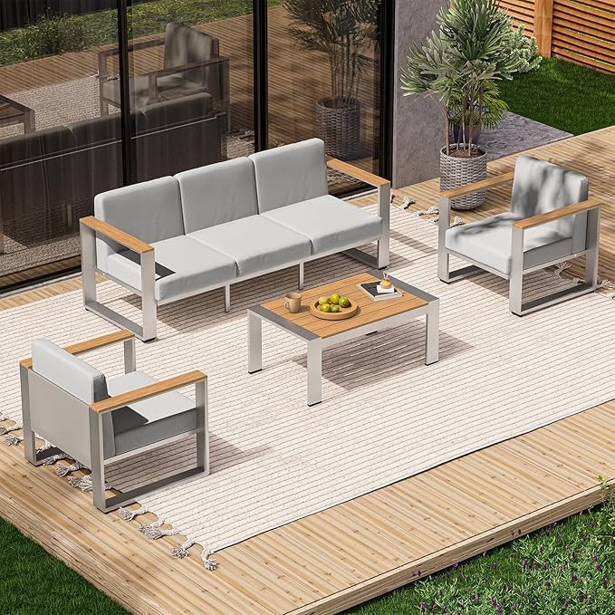 Aluminum Patio Furniture Set, 5 Seats Outdoor Patio Conversation Sets with Ergonomic Seat and Wide Washable Thick Cushions, Modern Outdoor Sectional Furniture for Balcony, Porch