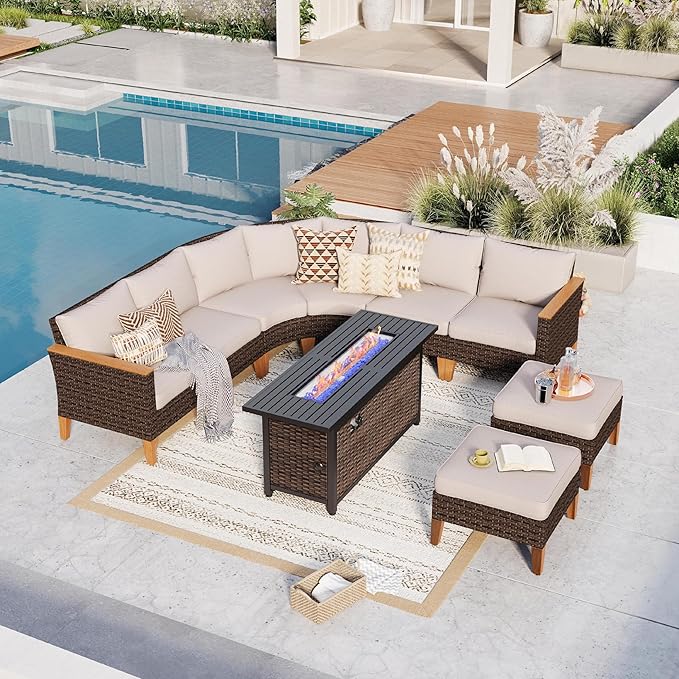 GREEN PARTY 8 Pieces Wicker Patio Furniture Set with 56" Fire Pit Table, All-Weather Outdoor Rattan Patio Half-Moon Curved Sectional Sofa Conversation Set for Garden, Backyard