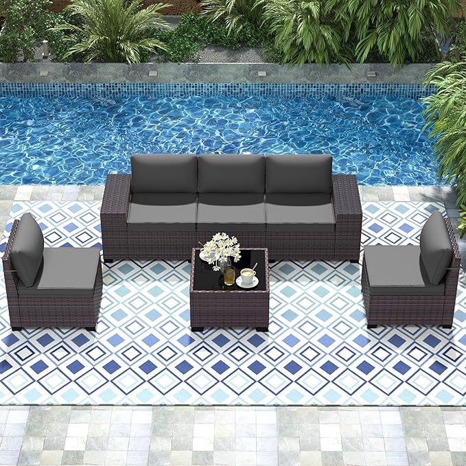 Patio Furniture Set 6 Pieces Outdoor Sectional Sofa Set,PE Rattan Wicker Patio Conversation Set with Thickened Cushions and Glass Coffee Table,Grey