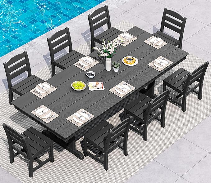 SERWALL 9 Piece Outdoor Dining Set, 84" HDPE Outdoor Table and Armless Chairs Set for 8，All Weather Patio Furniture Set with Umbrella Hole for Backyard, Garden, Black