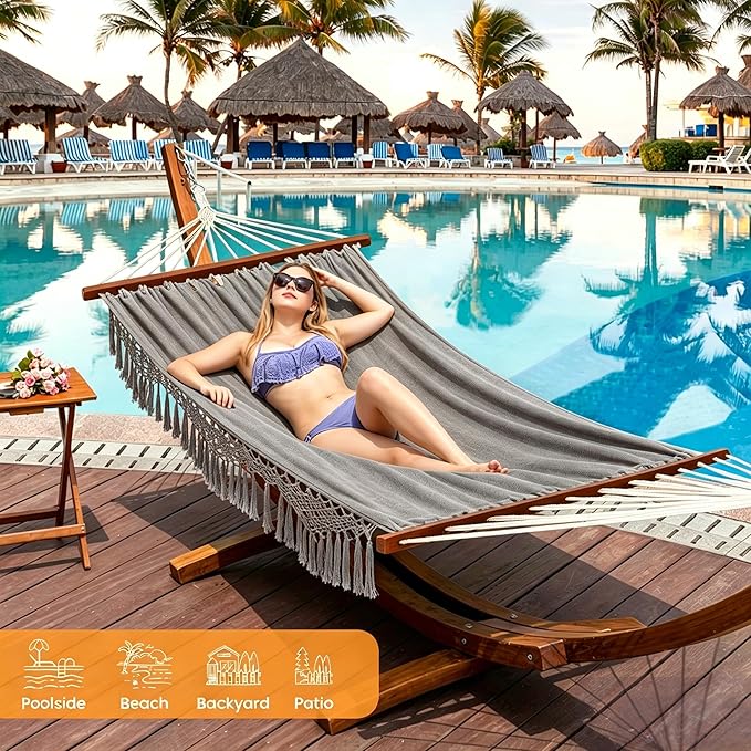 Lazy Daze Hammocks 2 Person Cotton Fabric Hammock with Spreader Bars and 10.5 FT Wood Arc Hammock Stand, Double Hammock with Wood Stand, for Outdoor, Indoor, Patio, Backyard, Dark Gray