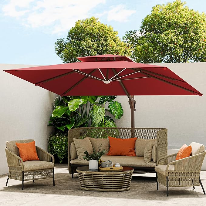 10 X 13 FT Cantilever Outdoor Patio Umbrella with Base Included Large Heavy Duty 360° Rotation Double Top Offset Rectangular Umbrellas with LED Lights for Backyard Outside Deck, Red