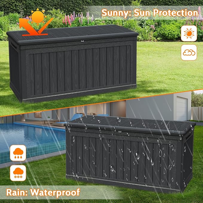 320 Gallon Waterproof Outdoor Storage Box, Lockable Patio Deck Boxes With Handle, Indoor and outdoor Resin Storage Box for Garden Tools, Patio Cushions, Package Delivery, Black