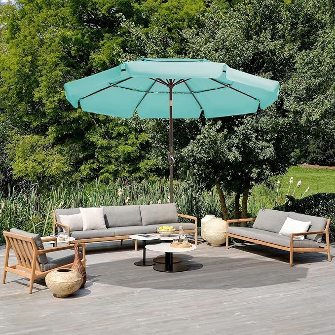 JEAREY 3 Tiers 9 FT Patio Umbrellas Outdoor Table Umbrella with Push Button Market Umbrella 8 Sturdy Ribs UV Protection Waterproof for Garden,Peacock Blue