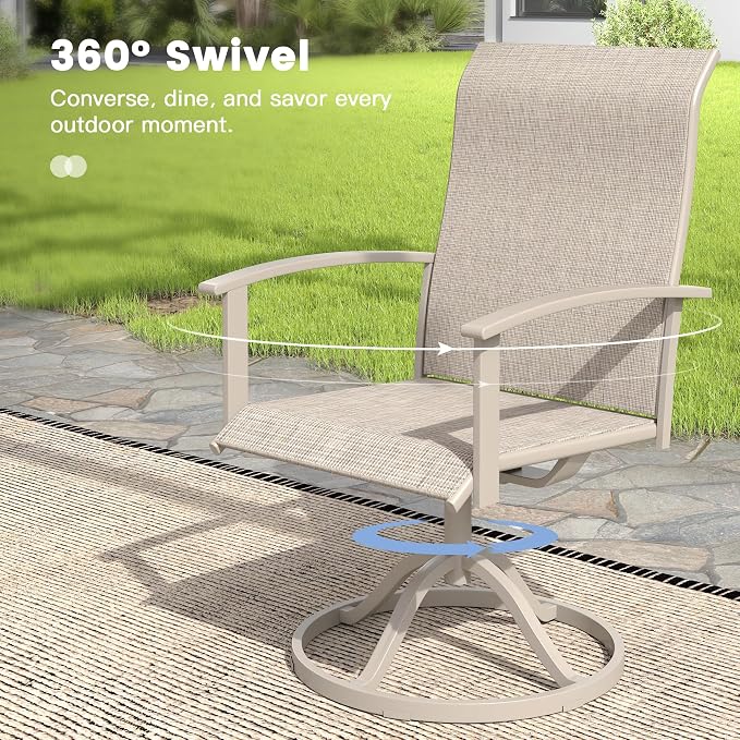 VICLLAX 9 Pieces Patio Outdoor Dining Set, 8 Swivel Textilene Chairs and 63" Round Metal Table with Umbrella Hole for Porch, Deck, Garden, Sandshell