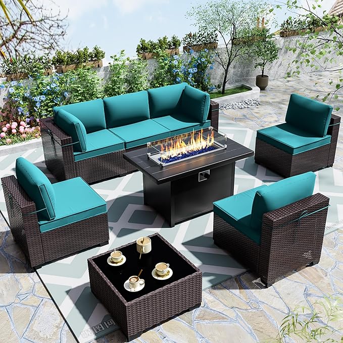 Outdoor Terrace Furniture Set, 8 Piece Outdoor Furniture Set, with 43 inch Aluminum 55004 BTU Propane fire Pit, PE Willow Vine Terrace Dialogue Set - Teal.
