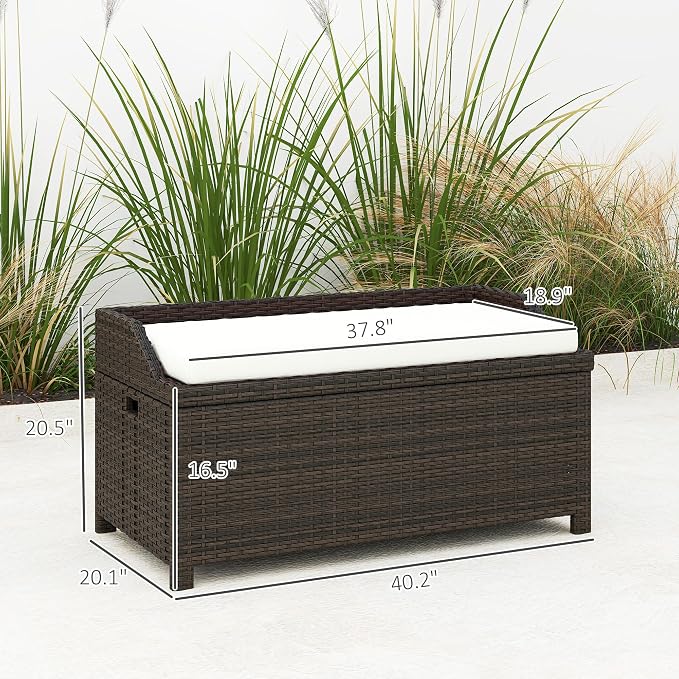2-in-1 Outdoor Wicker Storage Bench & Outdoor Storage Box with Gas Struts- 34 Gallon Water-Resistant Deck Box,Splash-Proof Cushion & Removable Cover.Deep Coffee Rattan,Patio Storage Cabinet Solution
