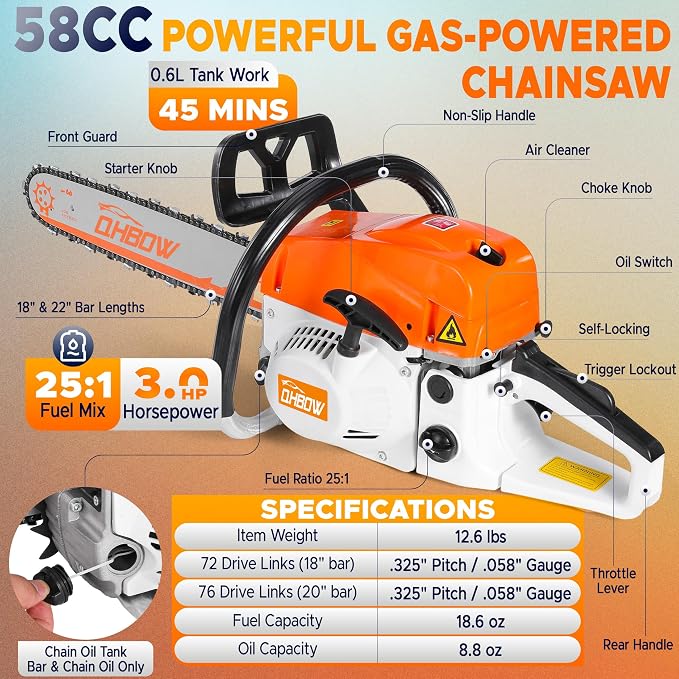 58 cc 2-Cycle Gas Chain Saw, 20 in & 18 in Gas Powered Chainsaw, Handheld Powerful Gasoline Chain Saw, Quick-Start System, Professional & DIY for Cutting Wood Tree Trimming