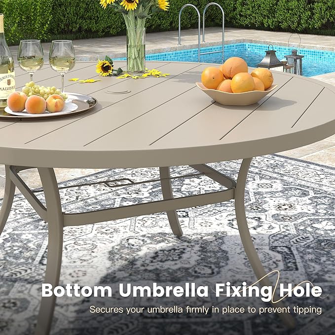 VICLLAX 11 Pieces Patio Outdoor Dining Set, 60" Round Metal Table with Umbrella Hole and 10 Stackable Textilene Chairs for Patio, Lawn, Garden, Porch, Sandshell