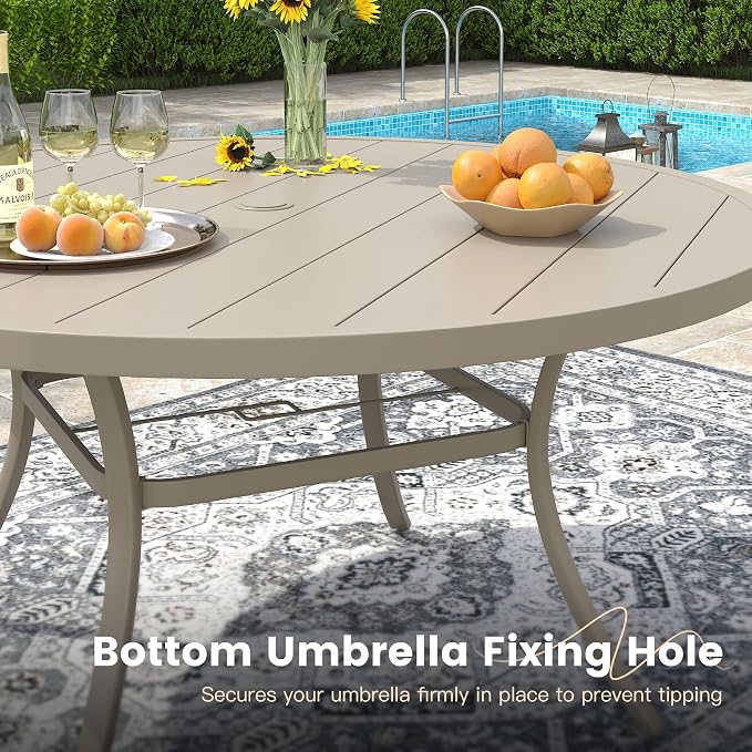 VICLLAX 63" Outdoor Patio Dining Table for 8-10, Metal Round Table with Umbrella Hole for Deck Lawn Garden Backyard, Sandshell