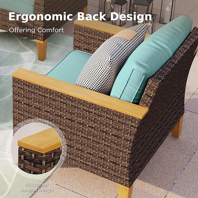 PHI VILLA 7-Piece Wicker Patio Conversation Set, Outdoor Rattan Sectional Pool Furniture Patio Set for 7 Seats with Cushioned 2 x Single Sofa, 2 x Armrest Chair, 2 x Ottoman and 1 x Armless Sofa, Blue