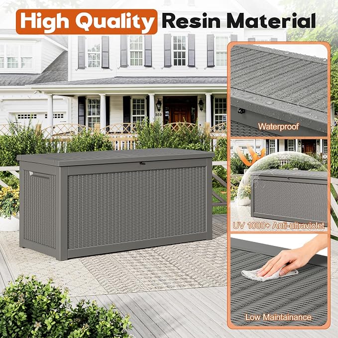 Outdoor Storage Box, Resin Deck Boxes Indoor and outdoor, Waterproof Storage Box Lockable Lid Grey,280 Gallon