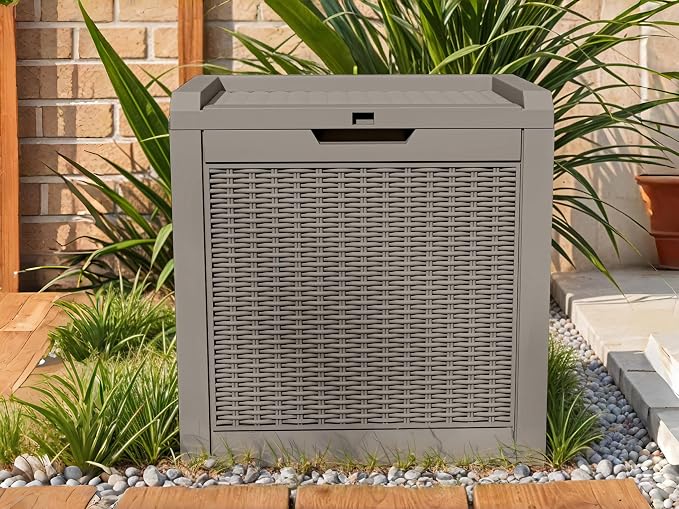 32 Gallon Resin Deck Box Outdoor Storage Box with Lockable Lid, Waterproof Patio Storage Container for Cushions, Garden Tools, 330LB Capacity, Easy Assembly