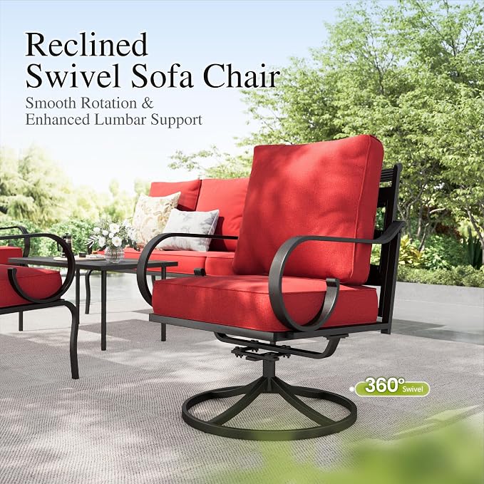 Sophia & William Patio Conversation Set for 7, 3-Seater Sofa, 2 Fixed Chairs, 2 Swivel Chairs and a 45" Fire Pit Table, Metal Outdoor Furniture with 5.75" Extra Thick Cushions, Red