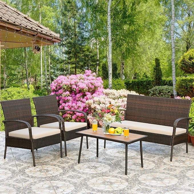 Wicker Conversation 4 Pieces Outdoor Patio Set with Washable Sofa Cushions, Rattan Wi, Brown (As PictureShows)