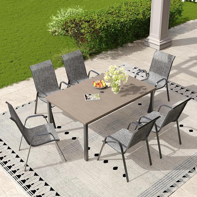 7 Pieces Outdoor Dining Set, 63" Rectangular Table with Umbrella Hole & Stackable Patio Dining Chairs, Patio Table and Chairs Set for Deck Garden Porch, Grey Chairs & Grey Table