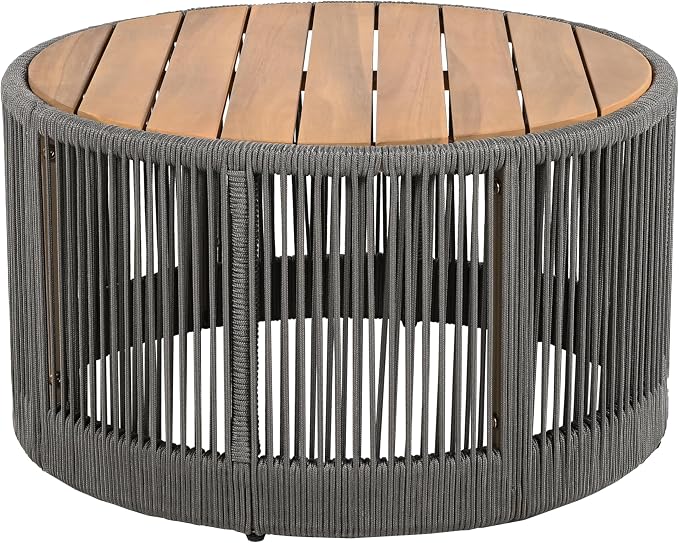 IRONORA Round Outdoor Coffee Table, Acacia Wood Top with Rope Woven Base, 26 Inch Diameter, Outdoor Side Table for Patio, Garden, Weather Resistant Patio Furniture