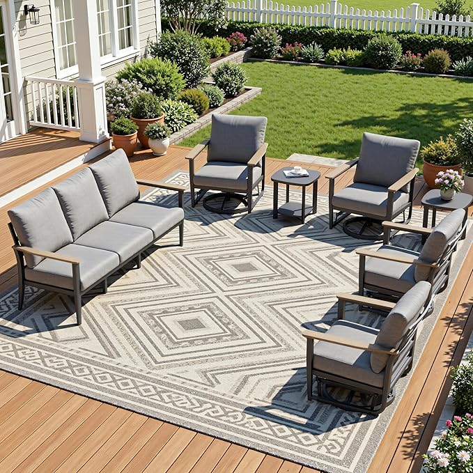 7-Seat Outdoor Patio Furniture Set with Rocking Swivel Chair, Aluminum Sectional Sofa Set with Ottomans, Patio Conversation Set with High Backrest & Thickened Cushions, Grey