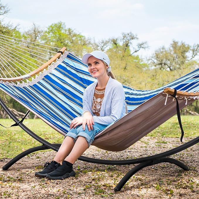 SUNCREAT Portable Outdoor Hammock with Stand, Double Hammock with Stand for Outside, Patent Pending, Blue & White
