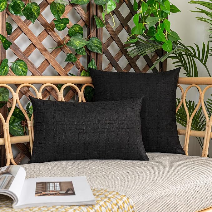 Kevin Textile Outdoor Waterproof 16”x16” Pillow Covers 2 Pack, Black | Water Resistant, Soft Faux Linen-cotton Yarn-dyed Woven Texture Throw Pillow Covers for Tent Patio Garden Couch Sofa