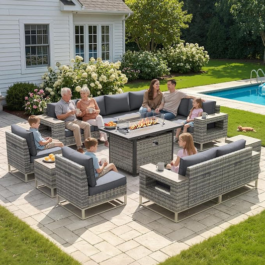 Outdoor Patio Furniture Set 13-Piece PE Rattan Wicker Outdoor Sectional Sofa with 5,000 BTU Fire Pit Table, Modern Modular L-Shaped Conversation Set with Thickened Cushions and Chunky Arms, Slate Grey