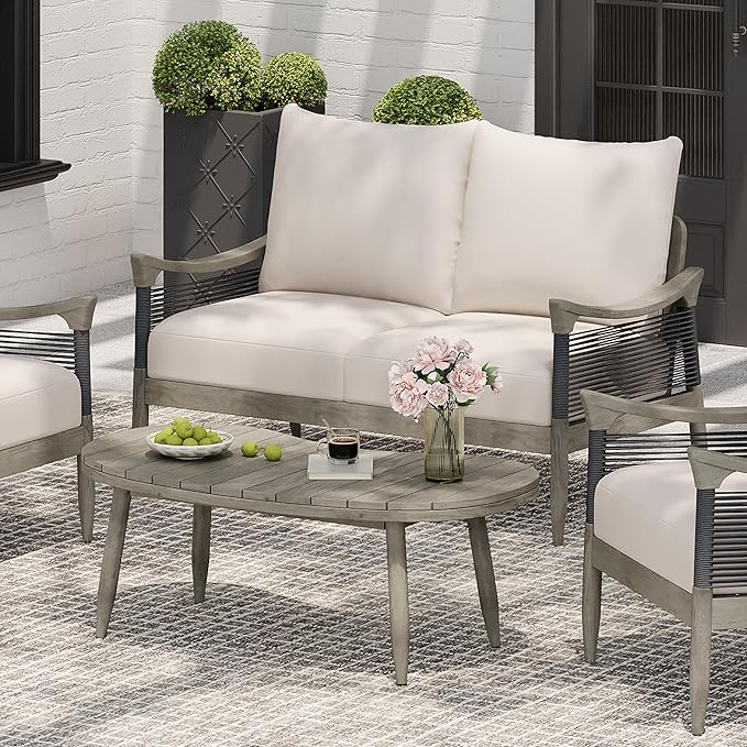 Christopher Knight Home Havets 2 Piece Patio Conversation Sets, Outdoor Acacia Wood Patio Seating Group,Woven Rope Loveseat with Cushions and Coffee Table for Porch Garden Backyard Balcony, Gray+Beige