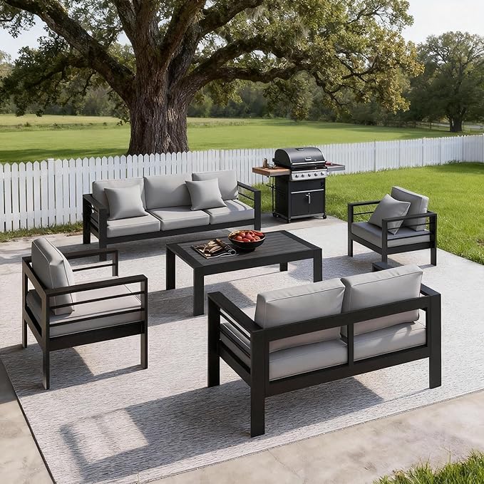 Outdoor Conversation Sets, Aluminum Patio Couch with Outdoor Coffee Table, All-Weather Metal Patio Couch with 5" Thick and Soft Cushion and Wide Arm, Outdoor Sofa Sets for Balcony, Porch, Light Gray