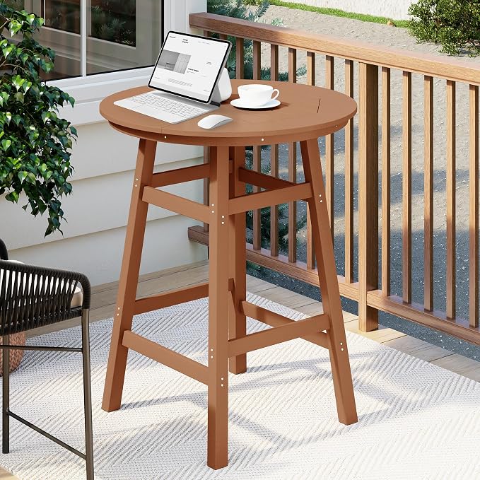Costaelm Patio Bistro Table, 42" Counter Height Round Patio Cocktail Bar Table with Umbrella Hole, Outdoor Bistro Dining Pub Table for Front Porch Deck Backyard Garden, Teak