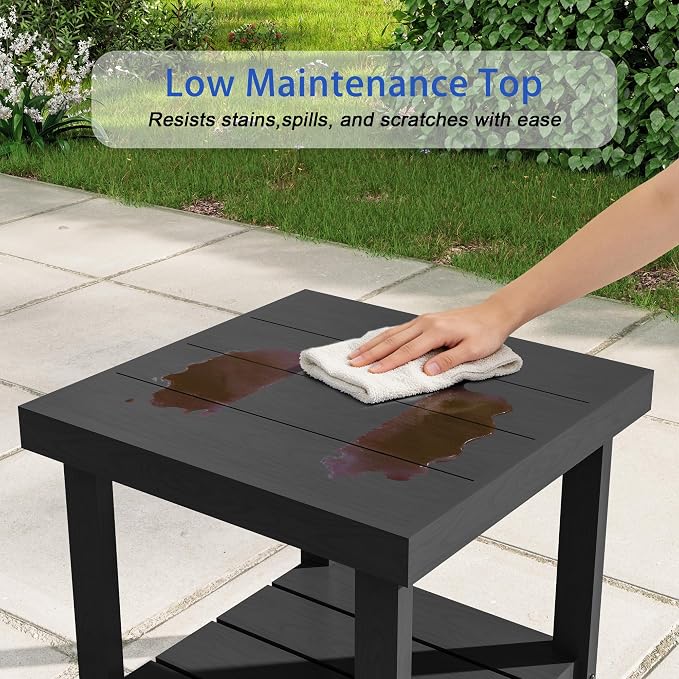 2-Tier HDPE Outdoor Square Side Table, Heavy-Duty Patio Side Table with Storage Shelf, Weather-Resistant Adirondack End Tables for Backyard, Pool, Porch, Garden, Lawn, Black