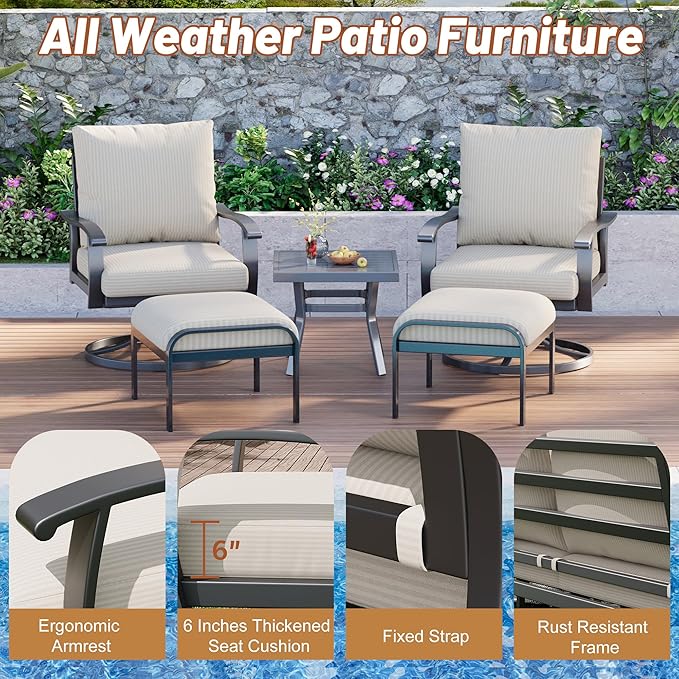 HOMREST Outdoor Swivel Rocker Patio Chairs with Ottomans and Coffee Table 5 PCS Bistro Set, 360 Degree Swivel Rocking Chair Patio Conversation Set with Thickened Cushions for Garden, Deck and Poolside