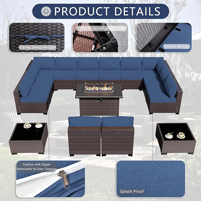 Outdoor Patio Furniture Set with Gas Fire Pit Table, 15 Pieces Outdoor Furniture Set Patio Sectional Sofa w/43in Propane Fire Pit, PE Wicker Rattan Patio Conversation Sets - Navy