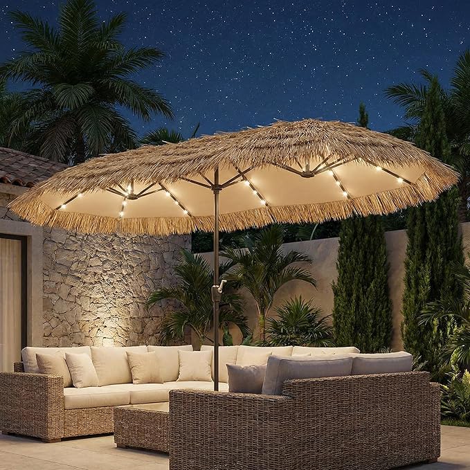 COSIEST 13FT Large Patio Umbrella with Solar Lights, Outdoor Double-Sided Tiki Umbrella, Rectangular Market Umbrella w Crank Handle for Garden、Pool、Deck Shade